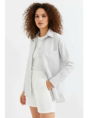 Style Line Kadın Oversize Tek Cepli Çizgili Pamuklu Bej Gömlek