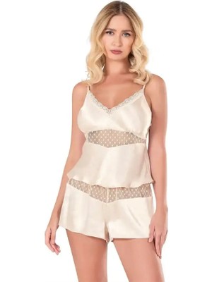 Ang Butik Fildişi Saten Babydoll Şort Takımı