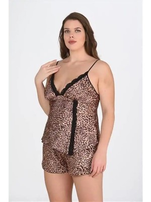 Ang Butik Büyük Beden Leopar Desenli Dantel Işlemeli Saten Şortlu Gecelik Takımı
