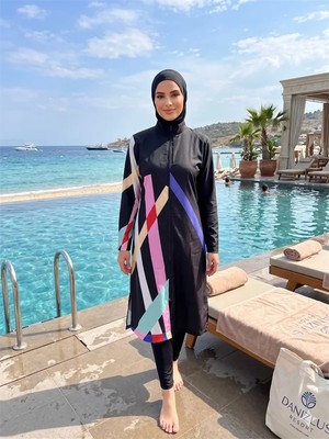 Ang Butik Geometrik Desenli Siyah Tam Kapalı Spor Likralı Fermuarlı Tesettür Mayo Takımı