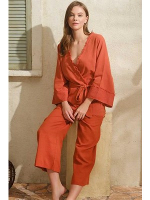 Ang Butik Kısa Kol V Yaka Cotton Düz Yazlık Kapri Bağlamalı Pijama Takımı