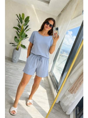 Efnaz Style Kadın Kısa Kollu Yakası Açık Modal Bluz ve Bağcıklı Kısa Şort Ikili Takım