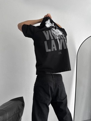 Marsilyan- Baskılı Oversize Bisiklet Yaka T-Shirt - Siyah