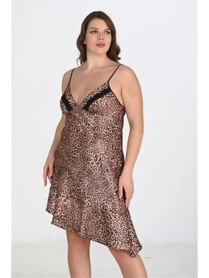 Ang Butik Premium Büyük Beden Saten Leopar Gecelik Bigsize
