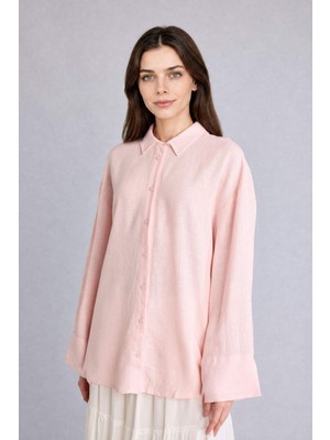 DeFacto Regular Fit Keten Uzun Kollu Pembe Tunik G9215AX26SM