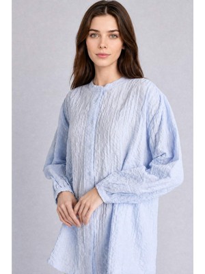 DeFacto Relax Fit Bisiklet Yaka Gofre Dokulu Uzun Kollu Açık Mavi Tunik D4145AX26SM