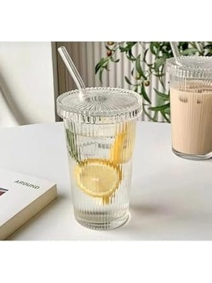 Canarino 1 Adet 600 ml Mika Kapaklı Cam Pipetli Bardak Origami Stil Soğuk Kahve Meşrubat Bardağı Saydam