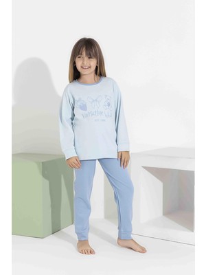 Rapapa Kız Çocuk Interlok Pijama Takımı Uzun Kollu Rahat Kesim 84071-Mavi