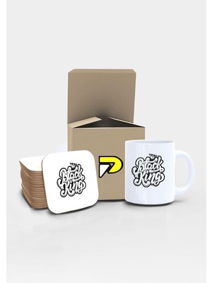 Canarino Siyah Kral Yazılı Tipografik Tasarımlı Baskılı Kupa Bardak Seti, Eğlenceli Özel Hediye Mug