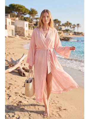 Deriderim Toz Pembe Gold Yaldızlı Şifon Kruvaze Bağlamalı Yazlık Plaj Elbisesi Kaftan