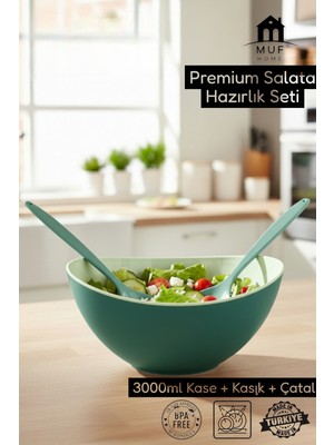 Muf Home Salata Servis Seti Servis Sunum Salata Hazırlık Seti 3 Parça Kristal Plastik Kaşık ve Çatal 3000 ml