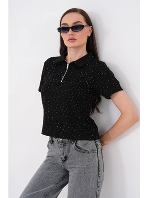 Mega Life Yarım Fermuarlı Taşlı Kristal Kısa Kol T-Shirt