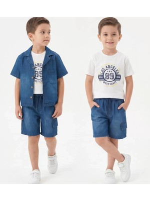 6/10 Yaş Denim Gömlek Şortlu 3lü Çocuk Takımı Mariposa Secret