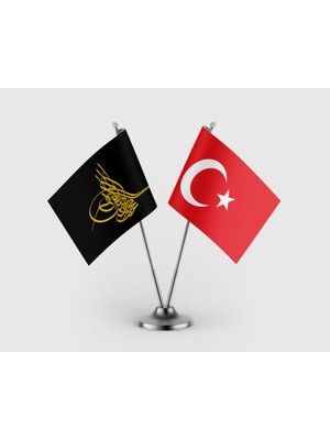 Punto Dizayn Osmanlı Tuğrası Siyah ve Türkiye Bayrağı İkili Saten Masa Bayrağı Takımı