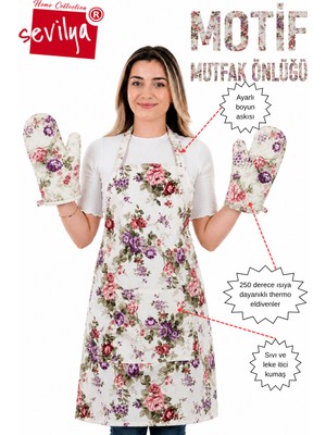 Sevilya Motif 2 Eldivenli Set Mutfak Önlüğü Seti Ayarlanabilir Askılı Mutfak Önlüğü Şef Önlüğü (2 Eldiven)