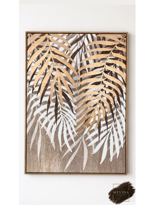 Altın Palmiye | Tropikal Yaprak Desenli Dokulu Mdf Tablo 100X140 cm