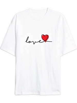 Marsilyan- Sevgililer Günü Için Özel Tasarım Love Baskılı T-Shirt - Beyaz