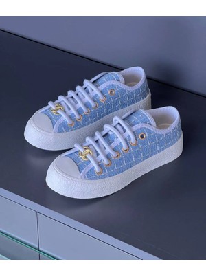 Evlium Chanel Mavi Tüvit Dokulu Gold Aksesuarlı Kadın Platform Taban Spor Ayakkabı - Sneaker