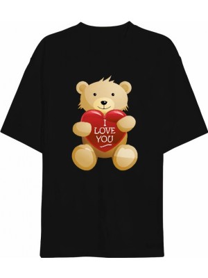 Marsilyan- Sevgililer Günü Için Özel Tasarım I Love You Ayı Baskılı T-Shirt - Siyah