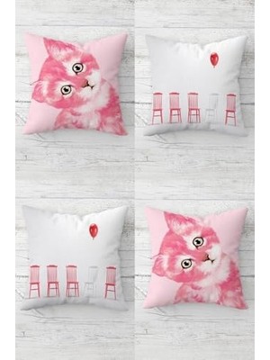 Canarino Pelangi Kedili Balonlu Kedi Desenli Gizli Fermuarlı Kırlent Kılıfı Koltuk Yastık Kılıfı TAKIM(4ADET), Pembe-Beyaz 43 x 43