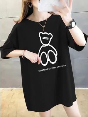 Marsilyan- Baskılı Oversize Bisiklet Yaka T-Shirt - Siyah