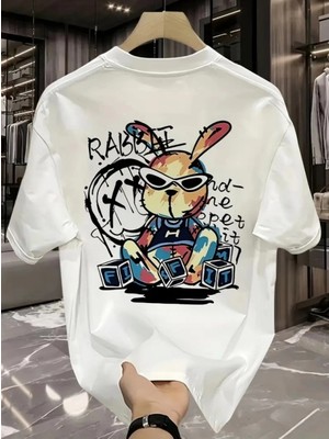 Marsilyan- Baskılı Oversize Bisiklet Yaka T-Shirt - Beyaz