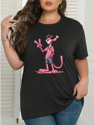 Marsilyan- Pembe Panter Baskılı Oversize Bisiklet Yaka T-Shirt - Beyaz