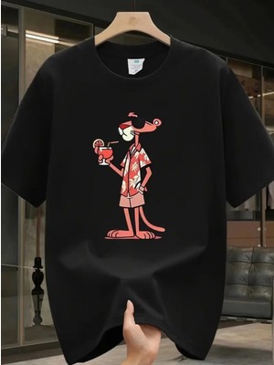 Marsilyan- Baskılı Oversize Bisiklet Yaka T-Shirt - Siyah