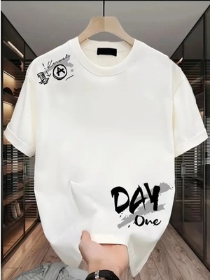 Marsilyan- Baskılı Oversize Bisiklet Yaka T-Shirt - Beyaz