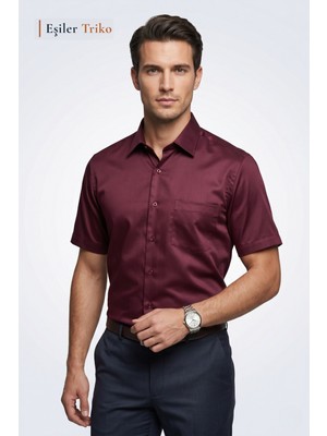 Eşiler Triko Erkek Bordo Mikrosaten Klasik Kısa Kollu Cepli Regular Fit Gömlek