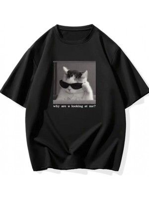 Marsilyan- Baskılı Oversize Bisiklet Yaka T-Shirt - Siyah