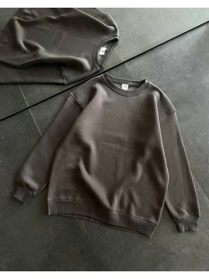 Marsilyan- Kışlık Bisiklet Yaka Üç Iplik Basic Sweatshirt - Füme