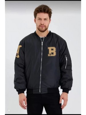 Marsilyan- Unisex Uzun Kol Baskılı Bomber Ceket - Siyah