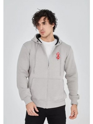Marsilyan- Unisex Baskılı Tam Fermuarlı Kapşonlu Sweatshirt - Boyalı Gri