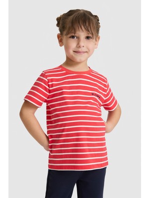 U.S. Polo Assn. Kız Çocuk Bisiklet Yaka Çizgili Kırmızı Tişört 50325678-VR213
