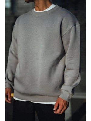Marsilyan- Kışlık Bisiklet Yaka Üç Iplik Basic Sweatshirt - Boyalı Gri