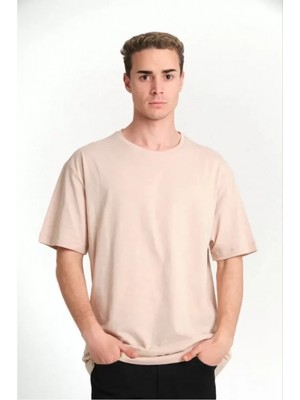 Marsilyan- Unisex Düz Biskilet Yaka Oversize T-Shirt - Bej