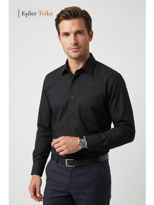 Eşiler Triko Erkek Siyah Mikrosaten Klasik Uzun Kollu Cepli Regular Fit Gömlek