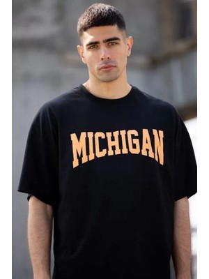 Marsilyan- Unisex Bisiklet Yaka Baskılı Oversize T-Shirt - Siyah
