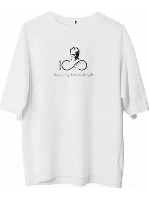 Marsilyan- Unisex Bisiklet Yaka Baskılı Oversize T-Shirt - Beyaz