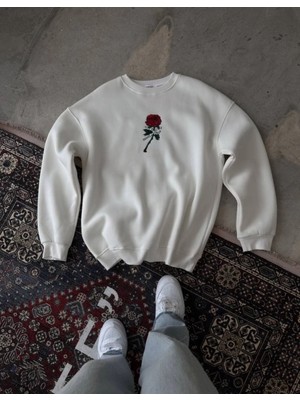 Marsilyan- Unisex Bisiklet Yaka Ön ve Arka Baskılı Sweatshirt - Beyaz