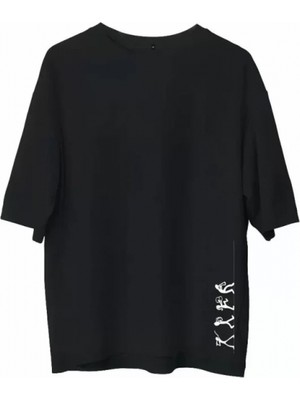 Marsilyan- Unisex Bisiklet Yaka Baskılı Oversize T-Shirt - Siyah