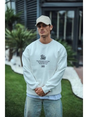 Marsilyan- Kışlık Bisiklet Yaka Ön ve Arka Baskılı Sweatshirt - Beyaz