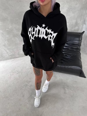Marsilyan- Unisex Üç Iplik Kapşonlu Baskılı Sweatshirt - Siyah