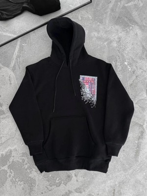 Marsilyan- Uzun Kol Kapşonlu Ön ve Arka Baskılı Sweatshirt - Siyah