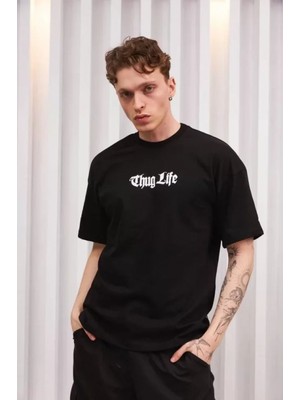Marsilyan- Unisex Bisiklet Yaka Baskılı Oversize T-Shirt - Siyah