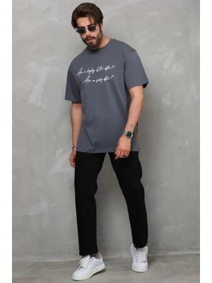 Marsilyan- Unisex Bisiklet Yaka Baskılı Oversize T-Shirt - Füme