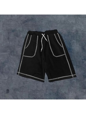 Marsilyan- Unisex Dikişli Cepli Oversize Şort - Siyah