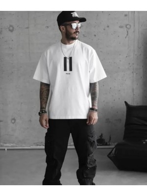 Marsilyan- Unisex Bisiklet Yaka Baskılı Oversize T-Shirt - Beyaz