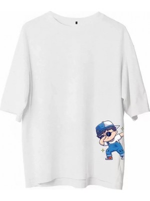Marsilyan- Unisex Bisiklet Yaka Baskılı Oversize T-Shirt - Beyaz